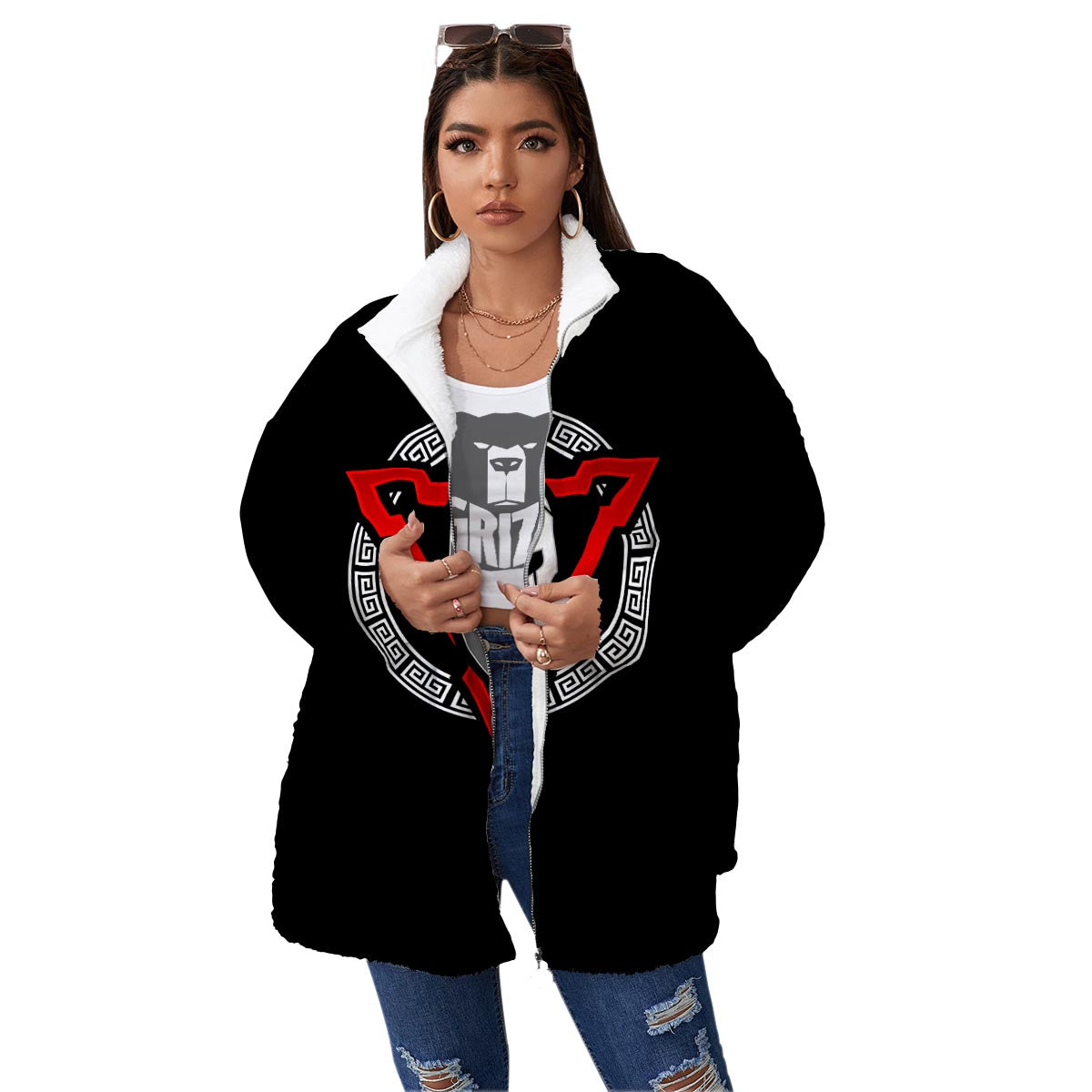Spartan Red And White Print Women's Sherpa Jacket-grizzshop