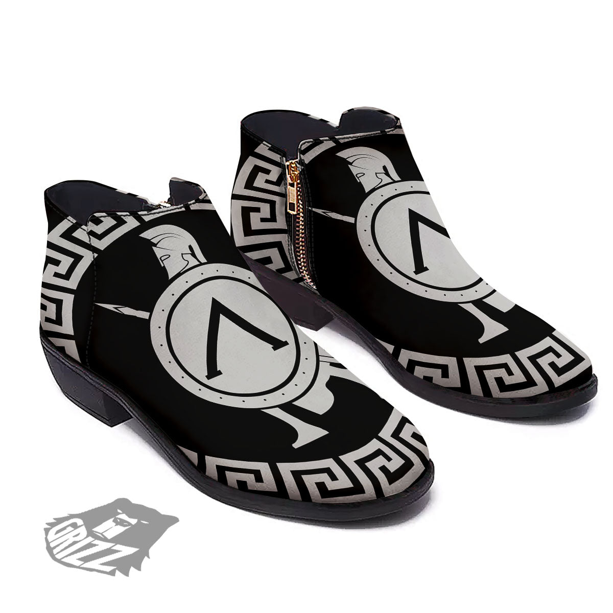 Spartan Warrior White And Black Print Ankle Boots-grizzshop