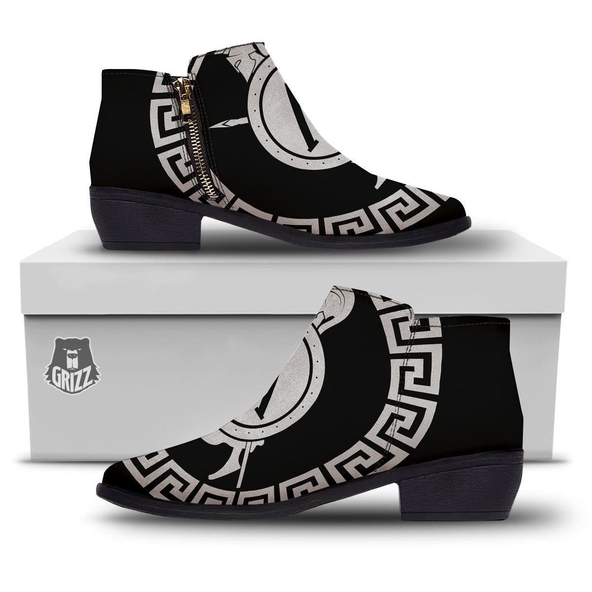 Spartan Warrior White And Black Print Ankle Boots-grizzshop