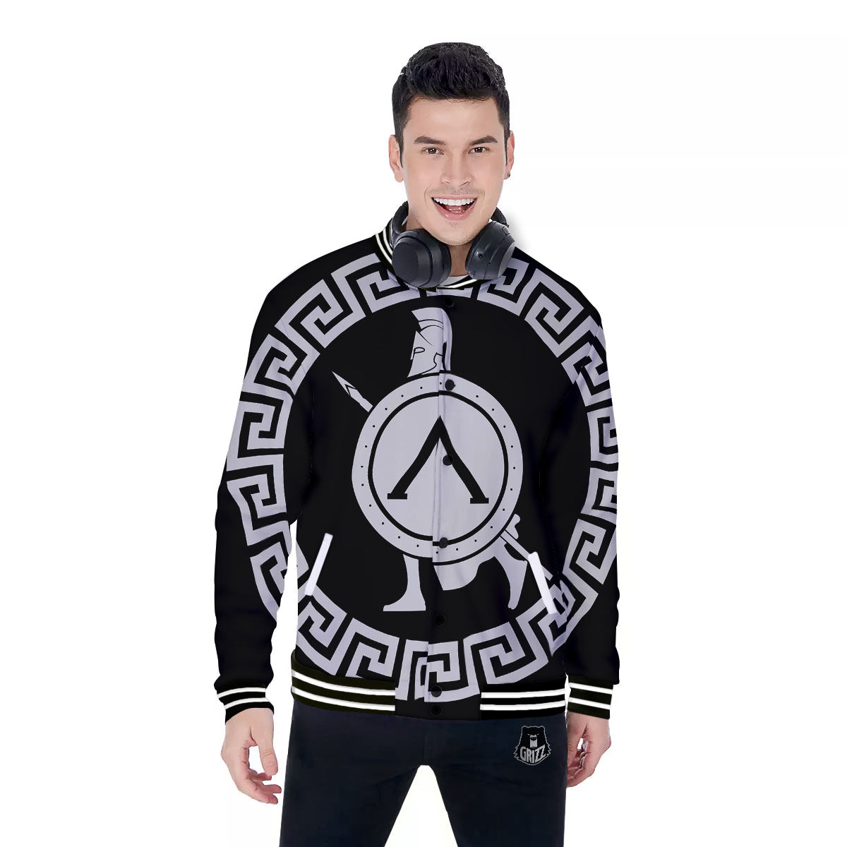 Spartan Warrior White And Black Print Baseball Jacket-grizzshop