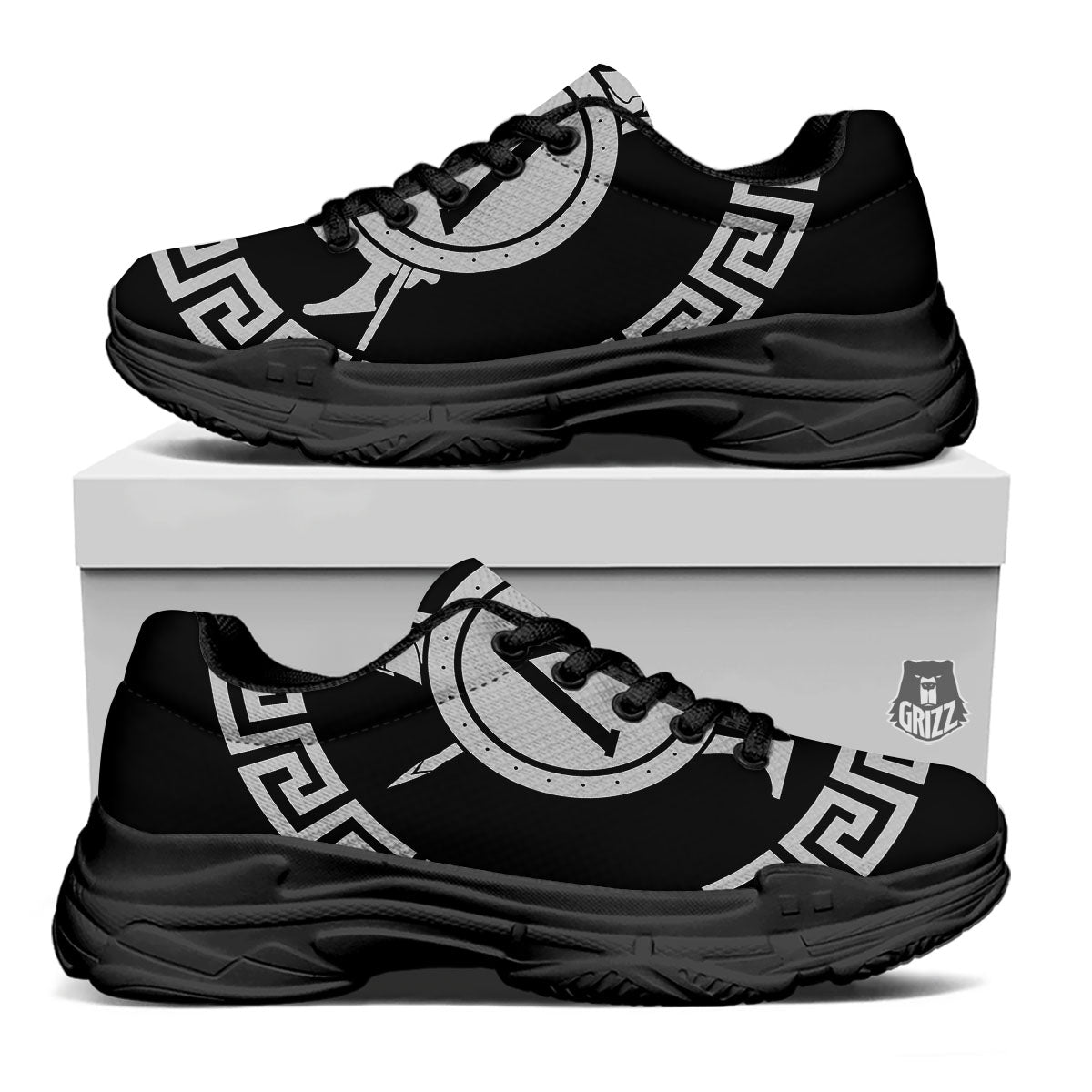 Spartan Warrior White And Black Print Black Chunky Shoes-grizzshop