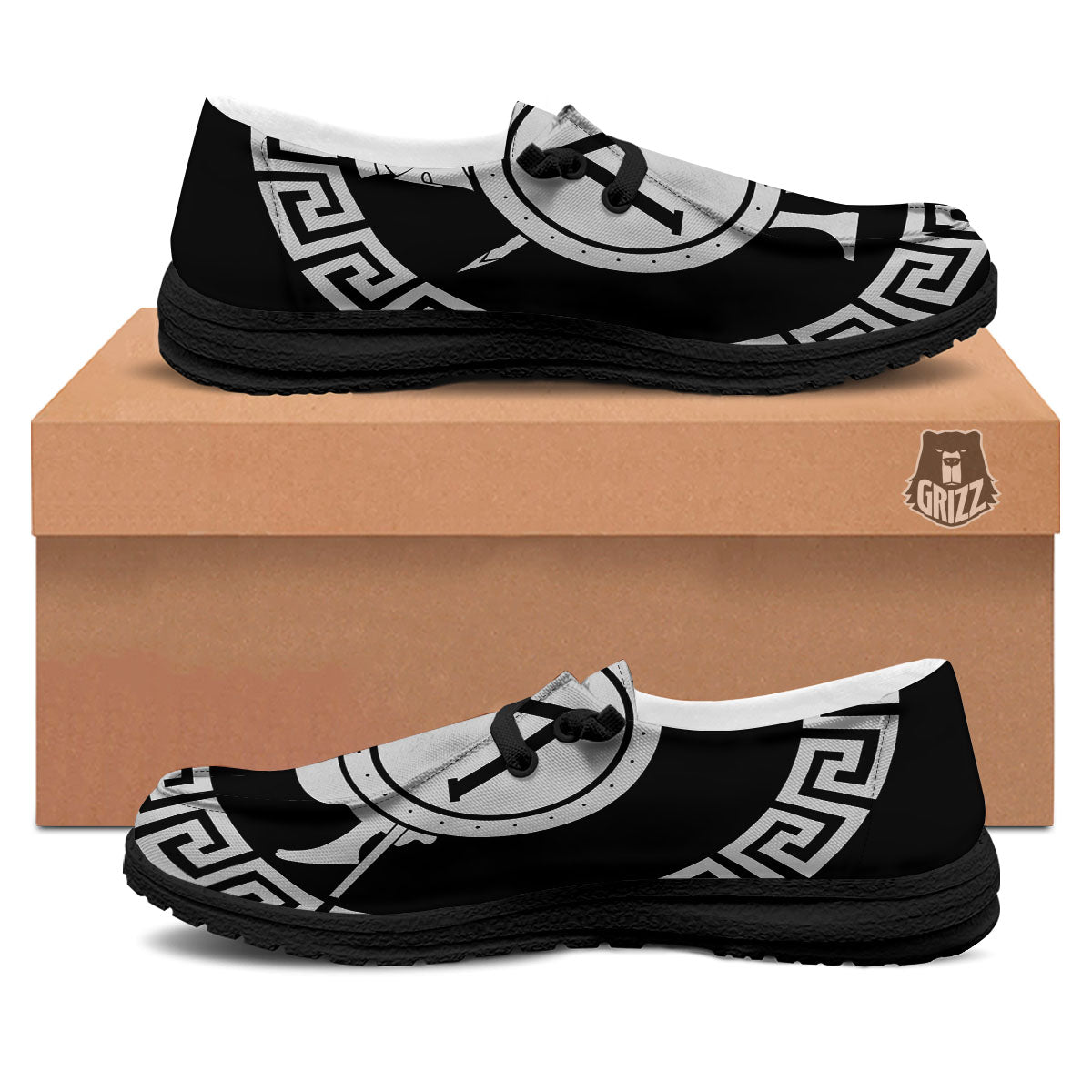 Spartan Warrior White And Black Print Black Loafers-grizzshop