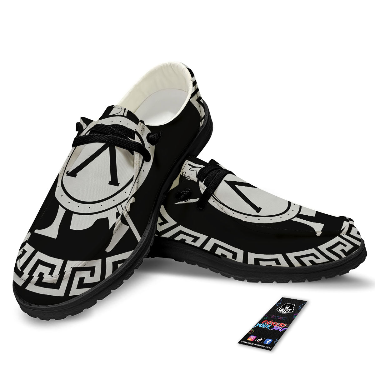 Spartan Warrior White And Black Print Black Loafers-grizzshop