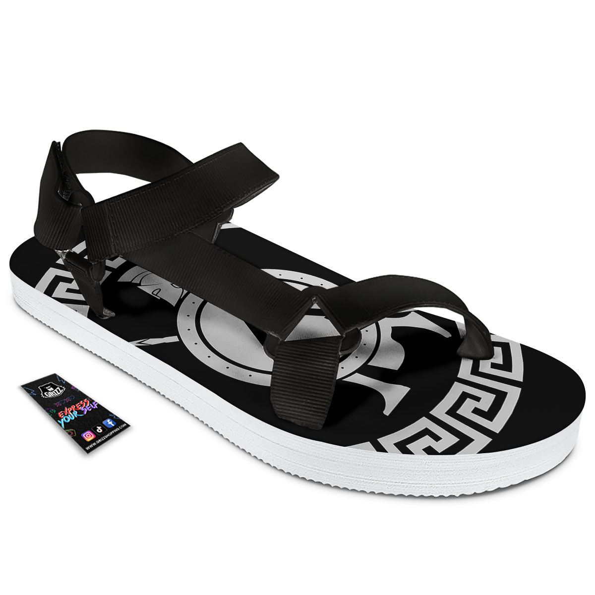 Spartan Warrior White And Black Print Black Open Toe Sandals-grizzshop