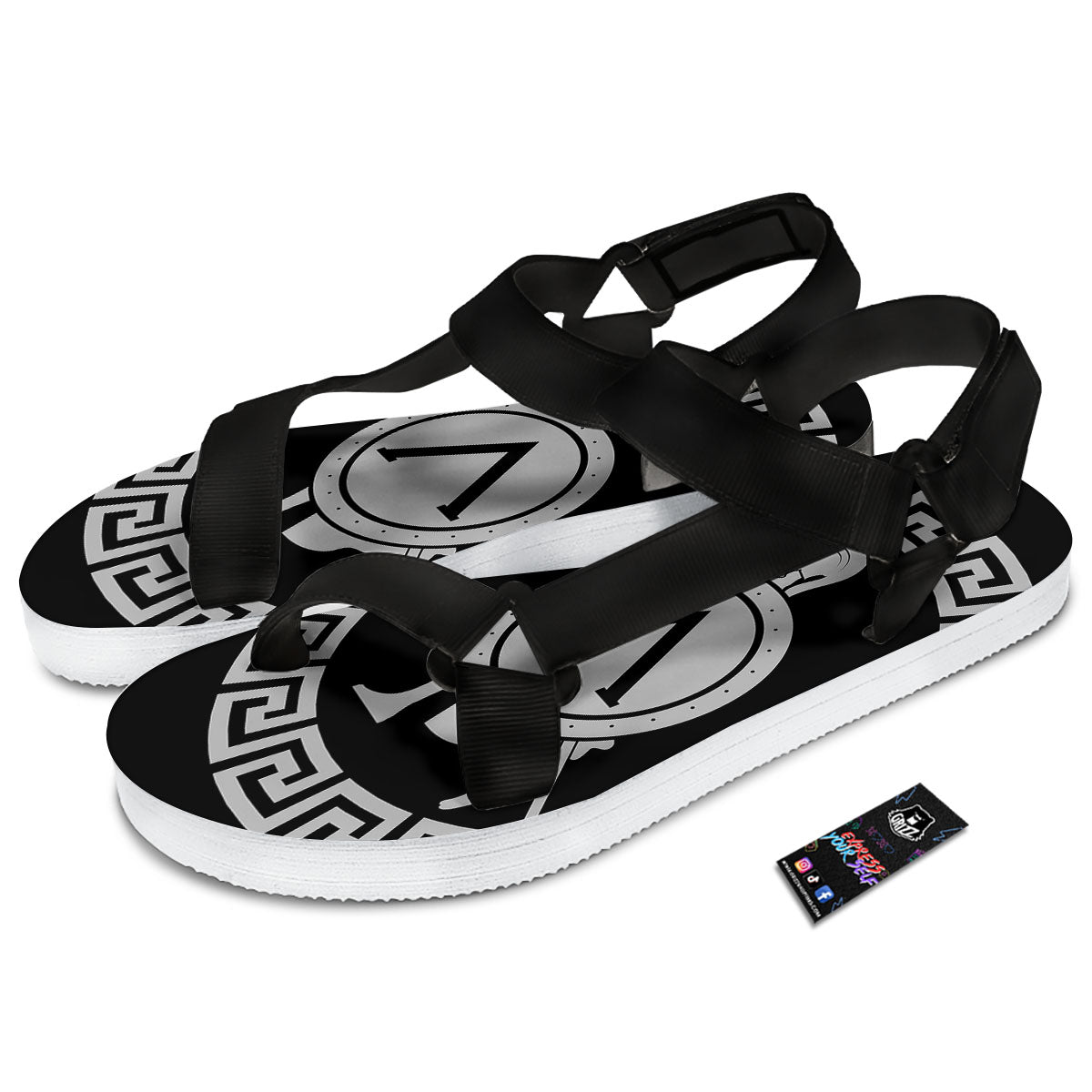 Spartan Warrior White And Black Print Black Open Toe Sandals-grizzshop