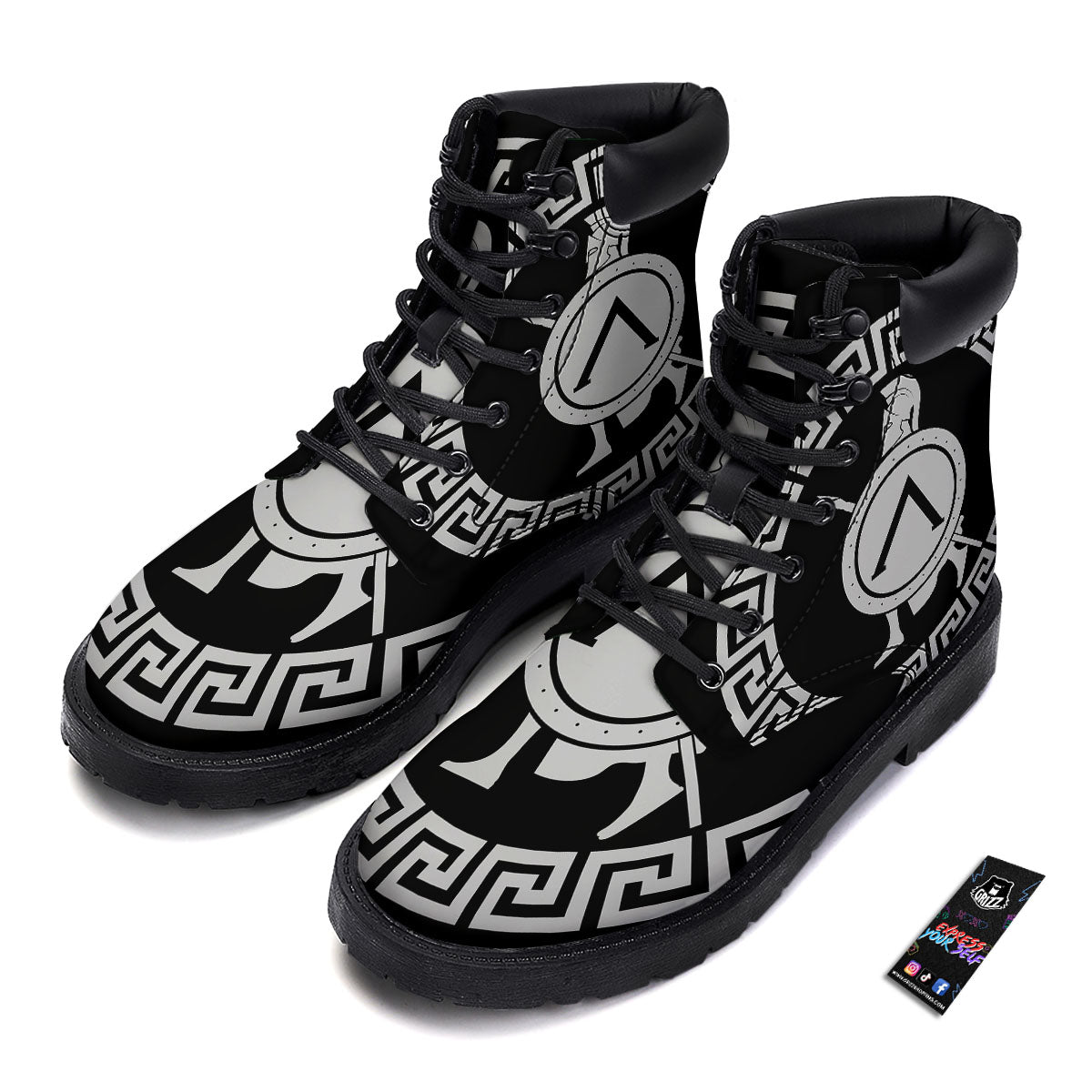 Spartan Warrior White And Black Print Boots-grizzshop