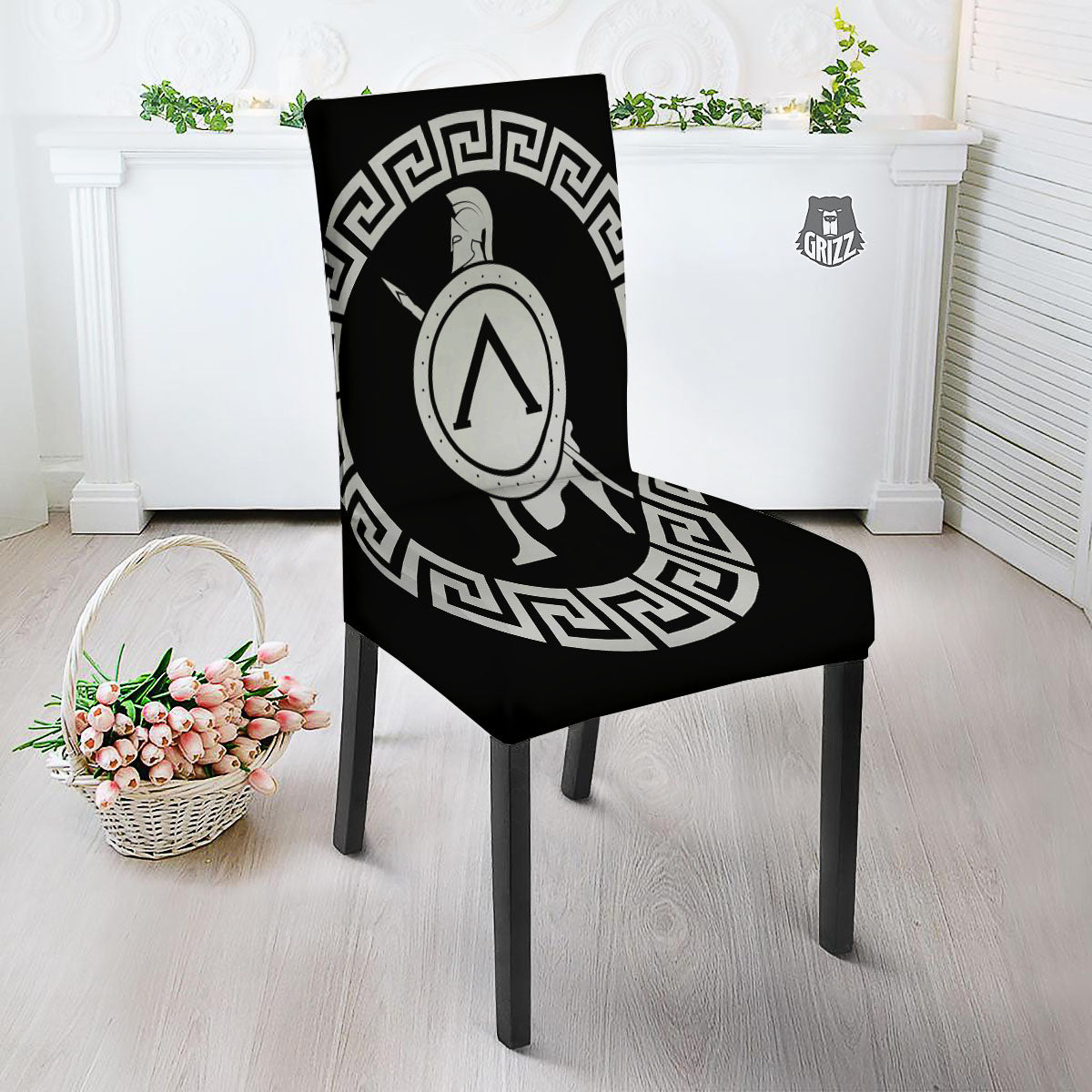 Spartan Warrior White And Black Print Dining Chair Slipcover-grizzshop