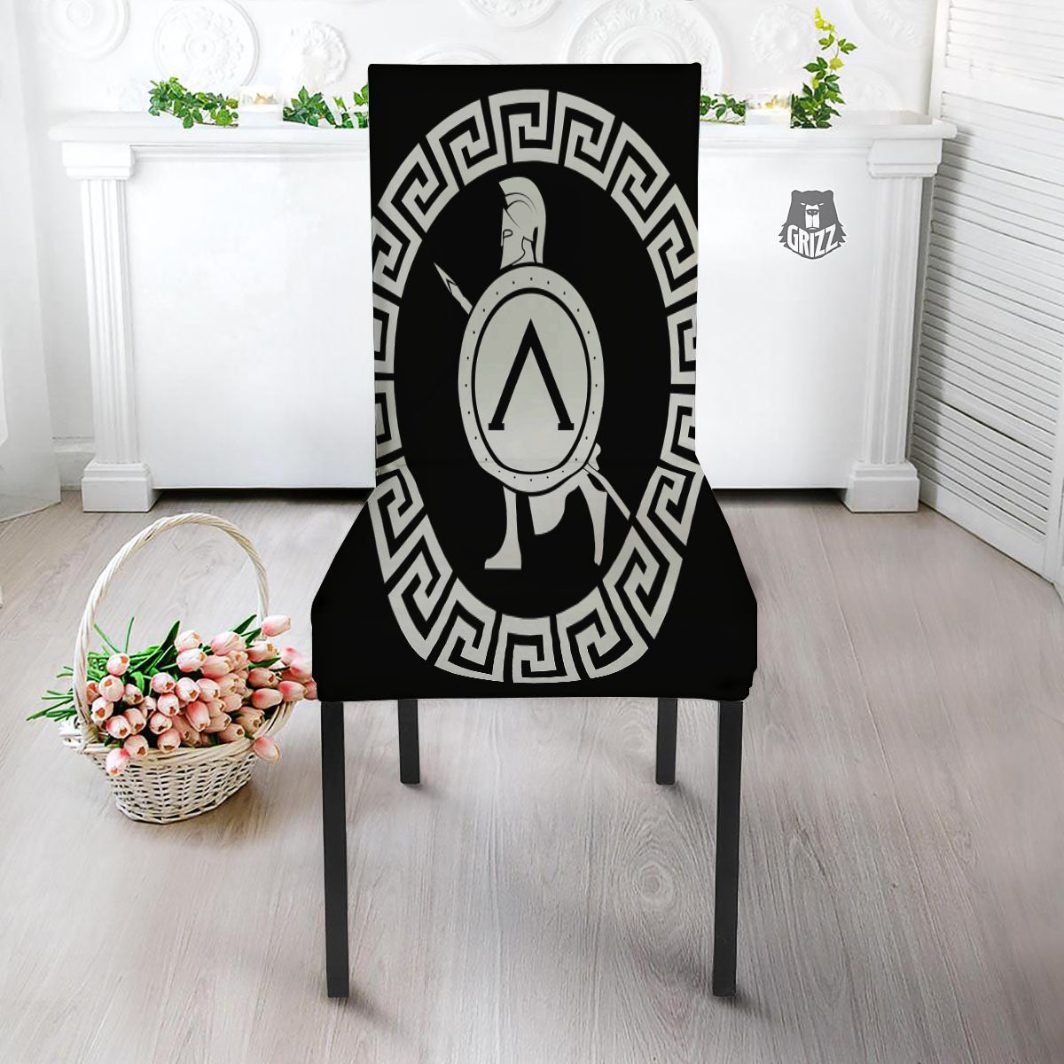 Spartan Warrior White And Black Print Dining Chair Slipcover-grizzshop