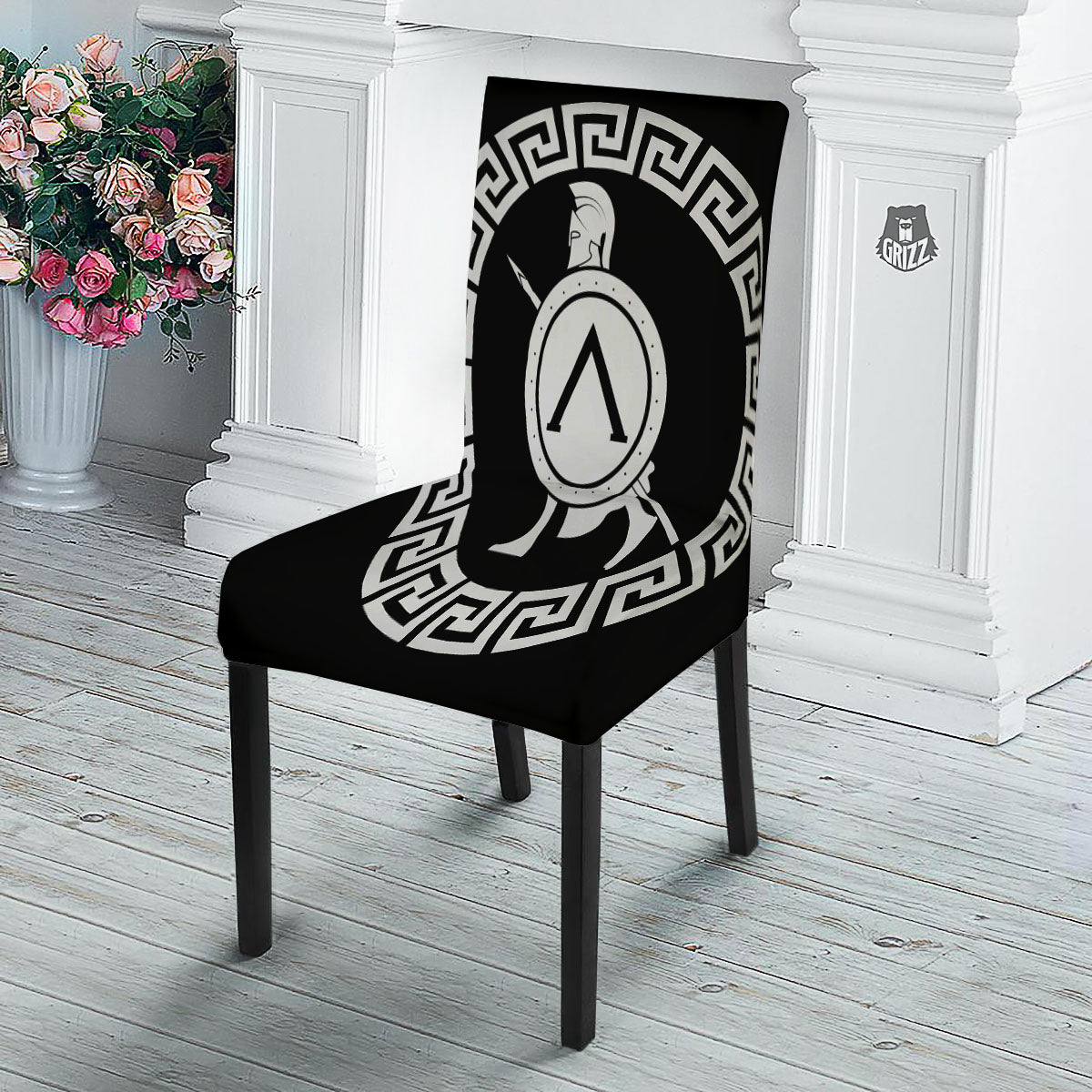 Spartan Warrior White And Black Print Dining Chair Slipcover-grizzshop
