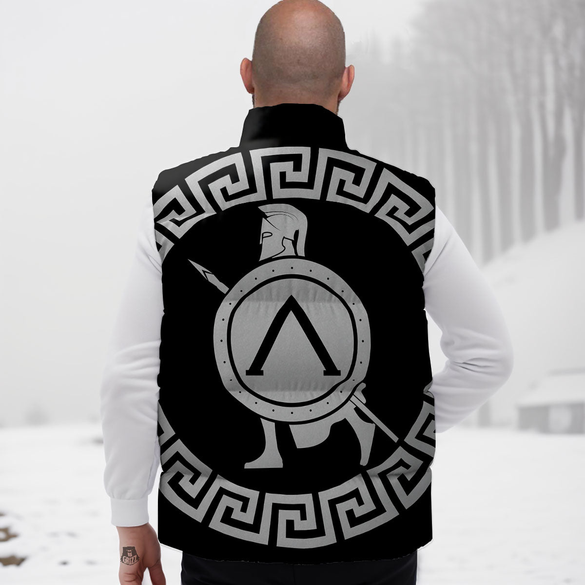 Spartan Warrior White And Black Print Down Vest
