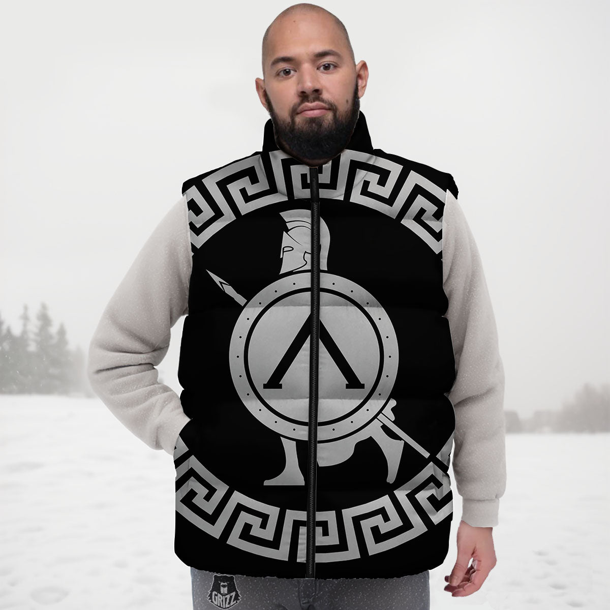 Spartan Warrior White And Black Print Down Vest