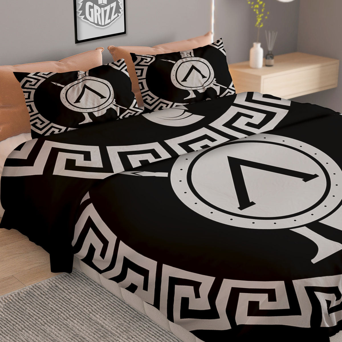 Spartan Warrior White And Black Print Duvet Cover Bedding Set