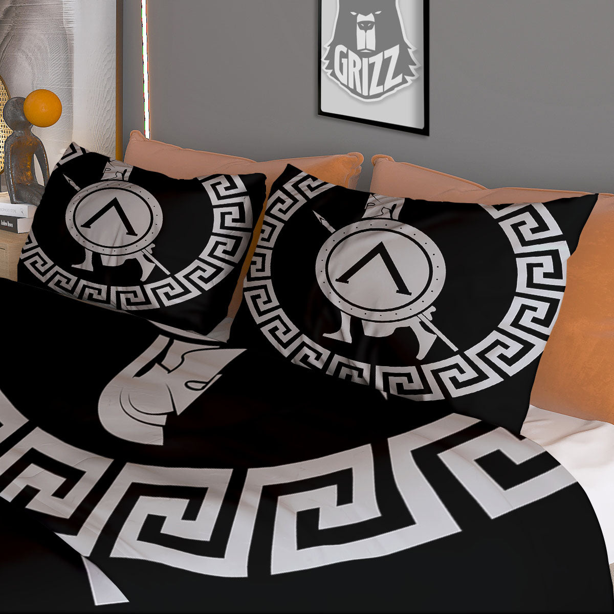 Spartan Warrior White And Black Print Duvet Cover Bedding Set
