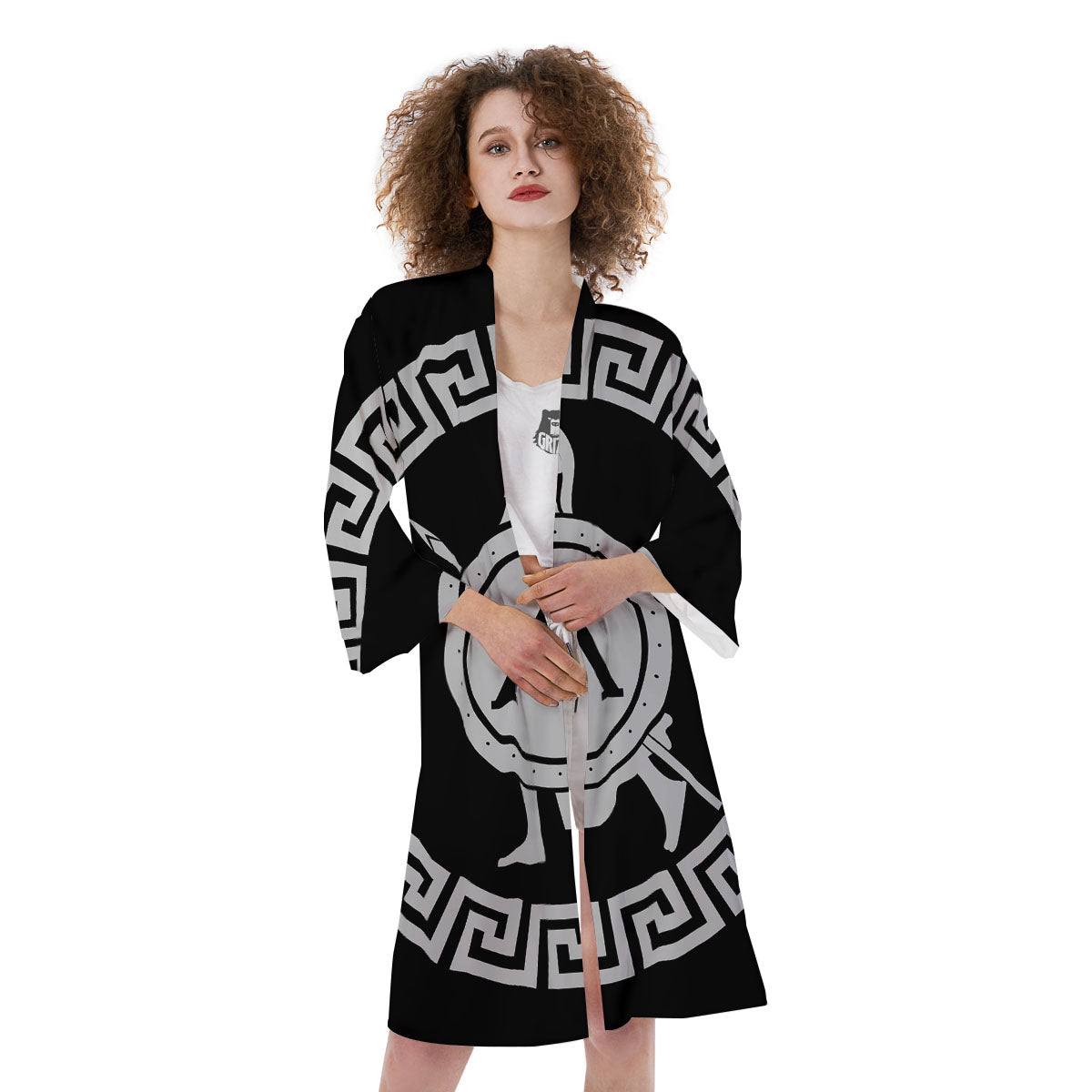 Spartan Warrior White And Black Print Kimono-grizzshop