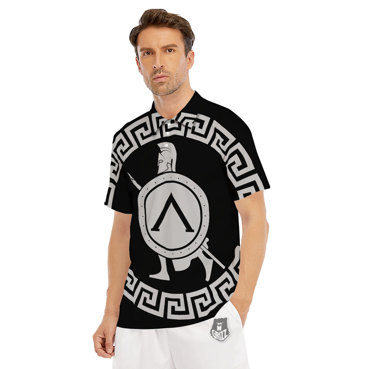 Spartan Warrior White And Black Print Men's Golf Shirts-grizzshop