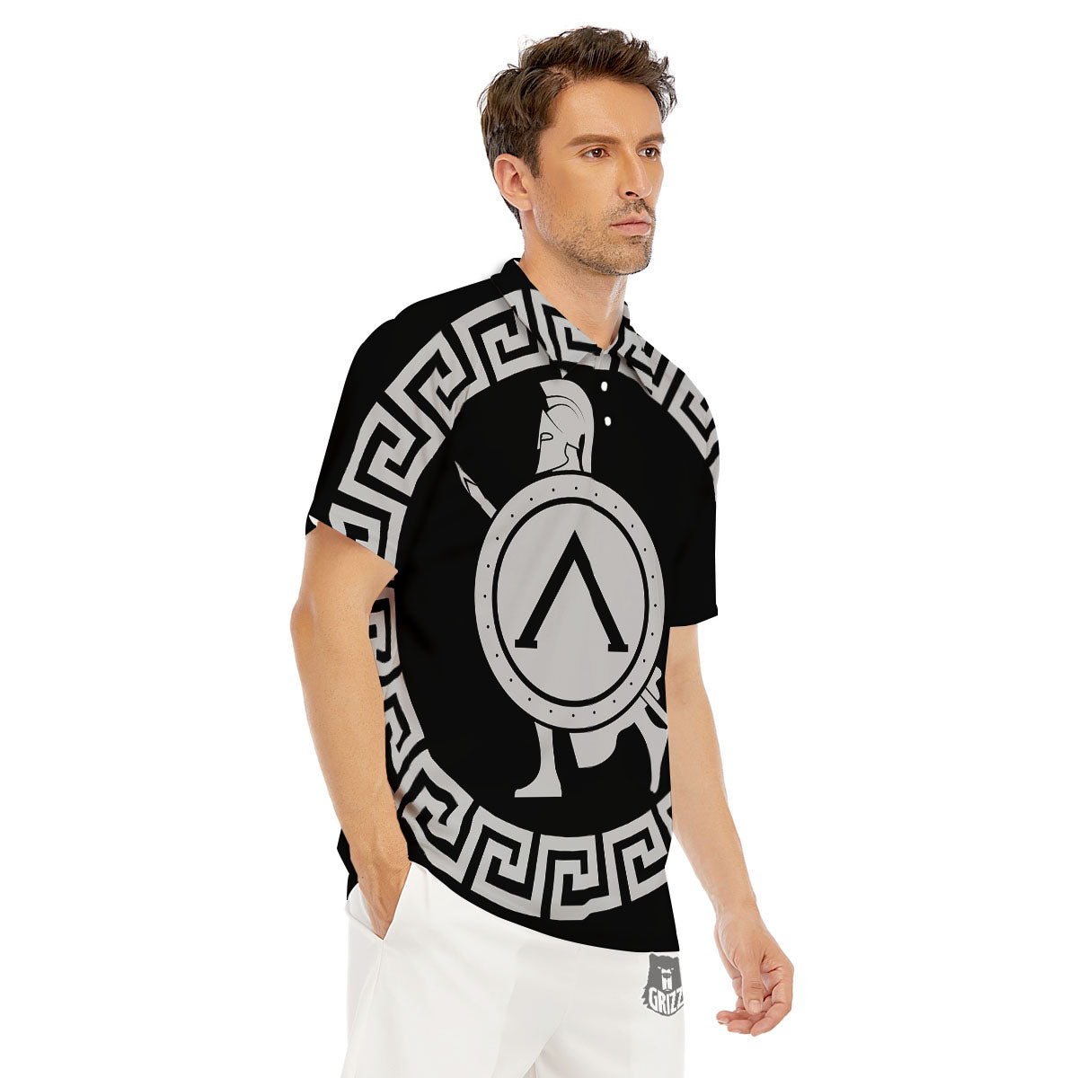 Spartan Warrior White And Black Print Men's Golf Shirts-grizzshop