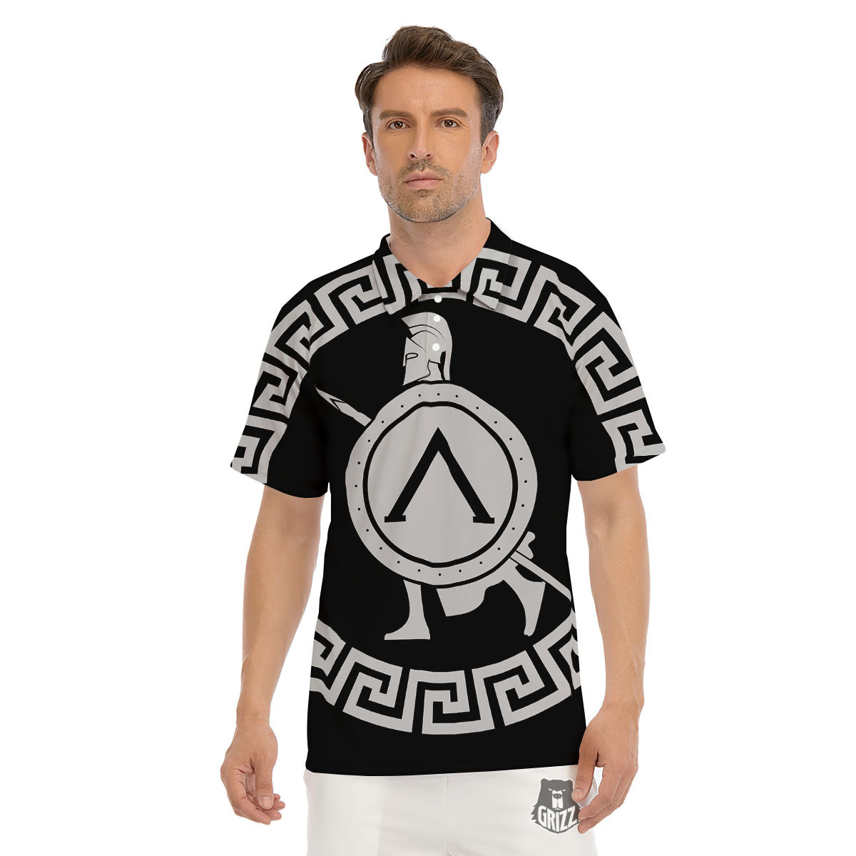 Spartan Warrior White And Black Print Men's Golf Shirts-grizzshop