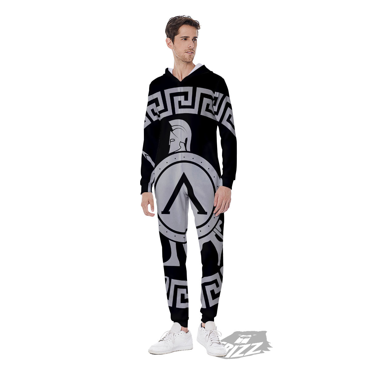 Spartan Warrior White And Black Print Men's Jumpsuit-grizzshop
