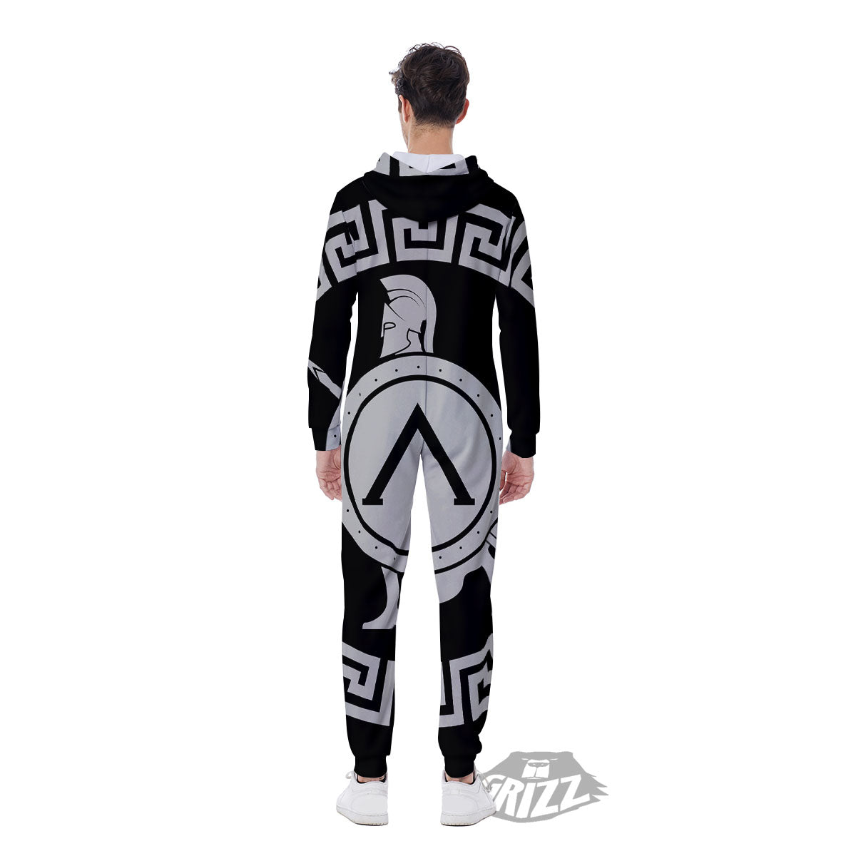 Spartan Warrior White And Black Print Men's Jumpsuit-grizzshop