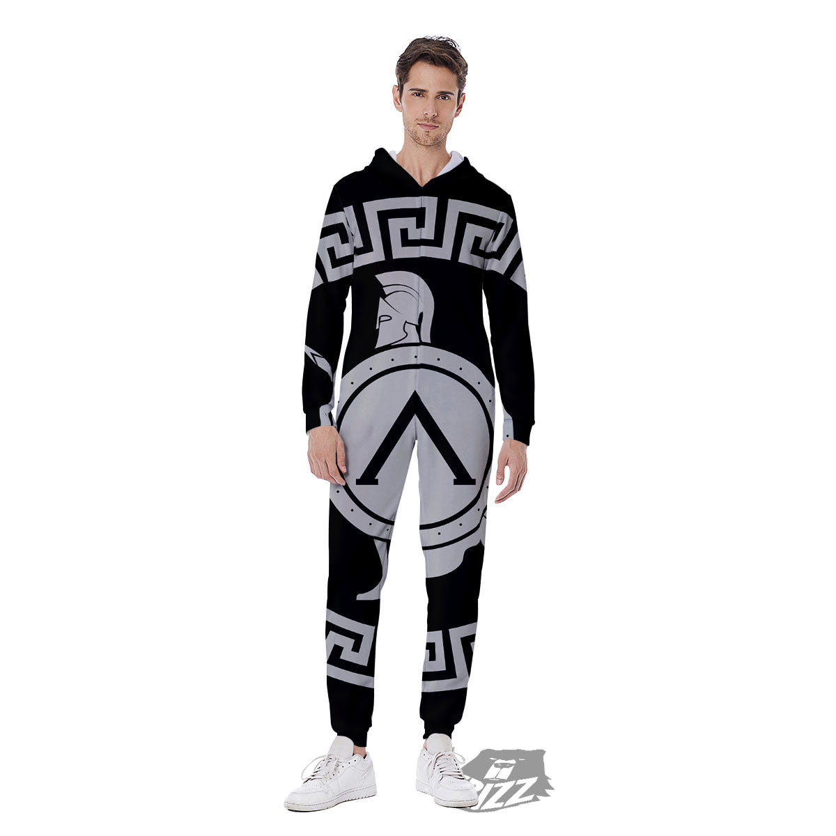 Spartan Warrior White And Black Print Men's Jumpsuit-grizzshop