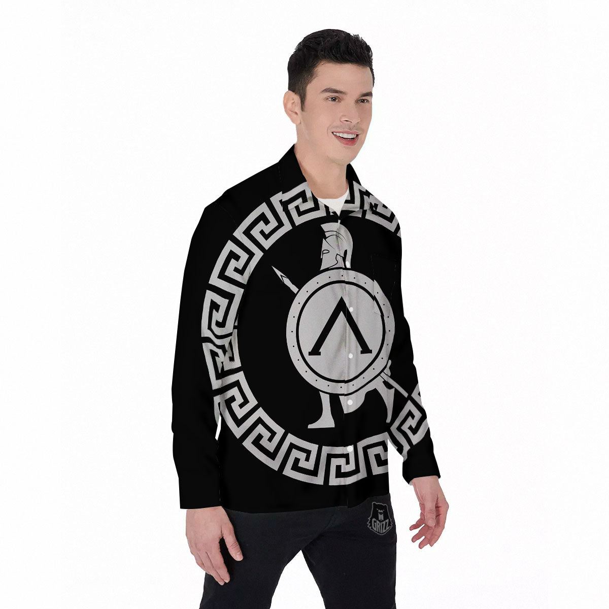 Spartan Warrior White And Black Print Men's Long Sleeve Shirts-grizzshop