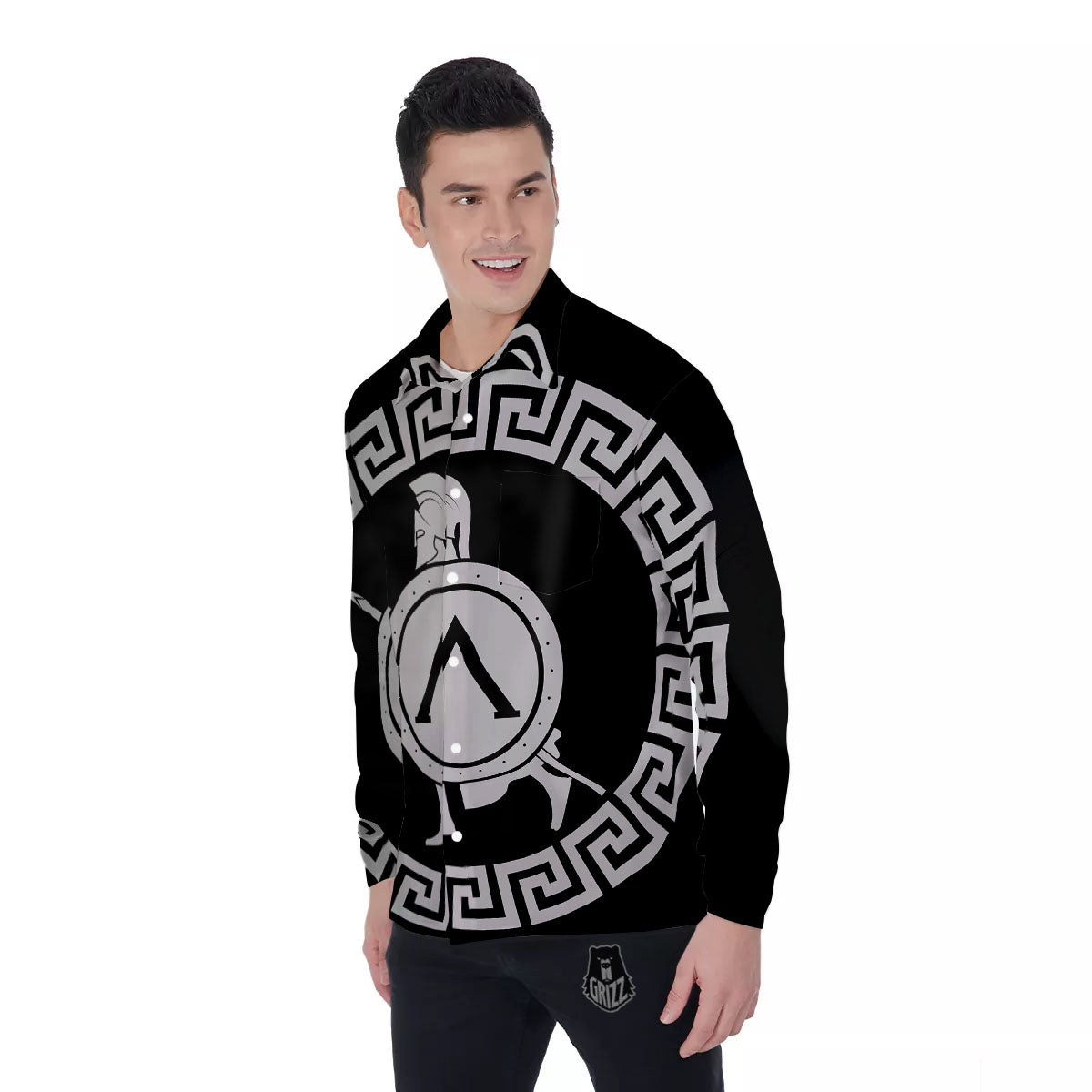 Spartan Warrior White And Black Print Men's Long Sleeve Shirts-grizzshop