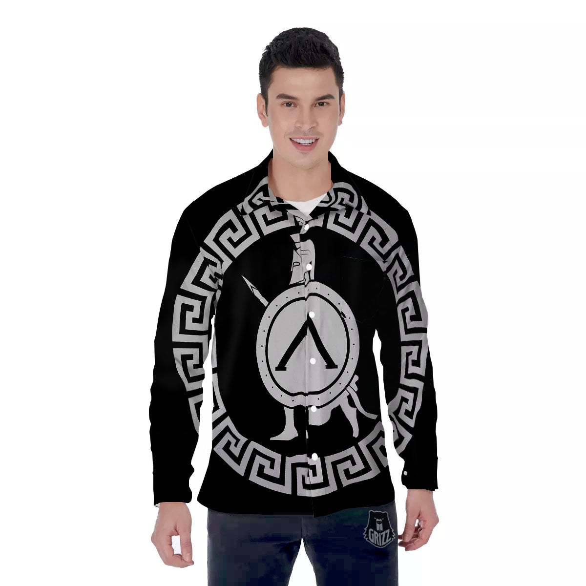 Spartan Warrior White And Black Print Men's Long Sleeve Shirts-grizzshop