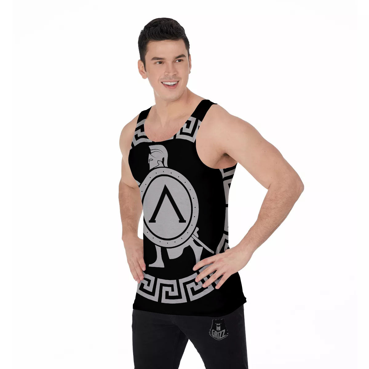 Spartan Warrior White And Black Print Men's Tank Top-grizzshop