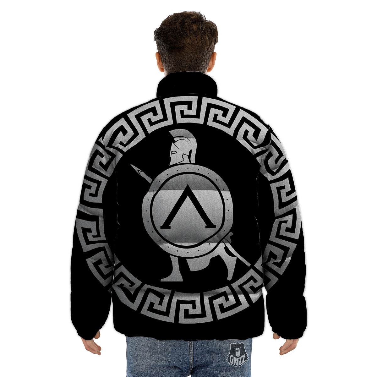 Spartan Warrior White And Black Print Puffer Jacket-grizzshop