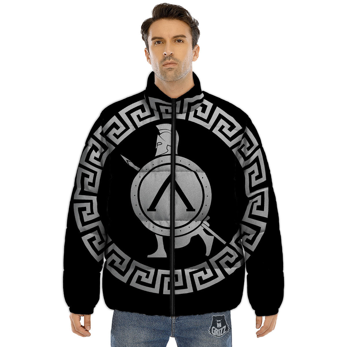 Spartan Warrior White And Black Print Puffer Jacket-grizzshop