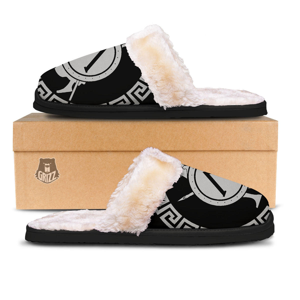 Spartan Warrior White And Black Print Slippers-grizzshop
