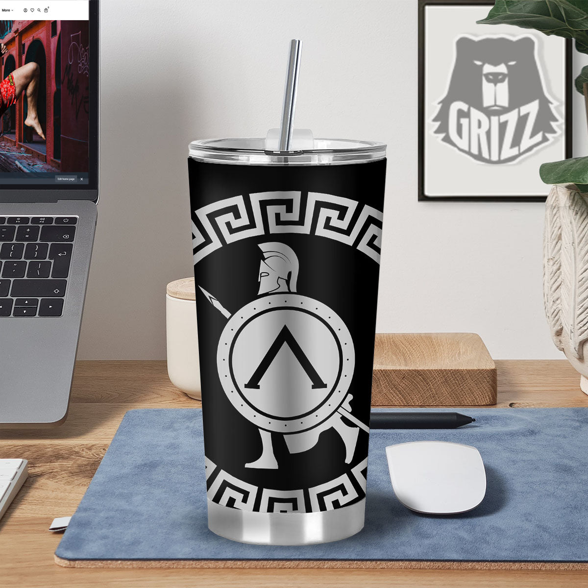 Spartan Warrior White And Black Print Tumbler-grizzshop