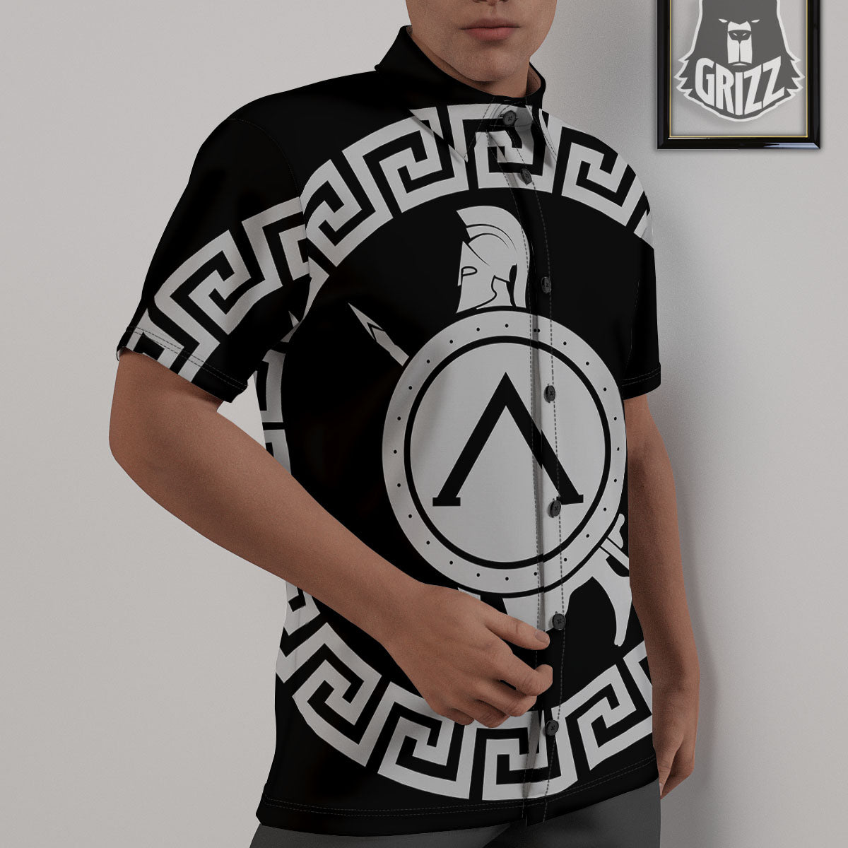 Spartan Warrior White And Black Print Untucked Shirts-grizzshop