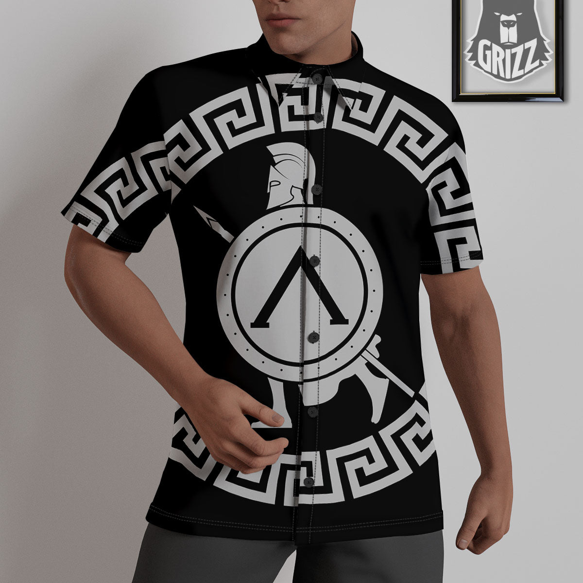 Spartan Warrior White And Black Print Untucked Shirts-grizzshop