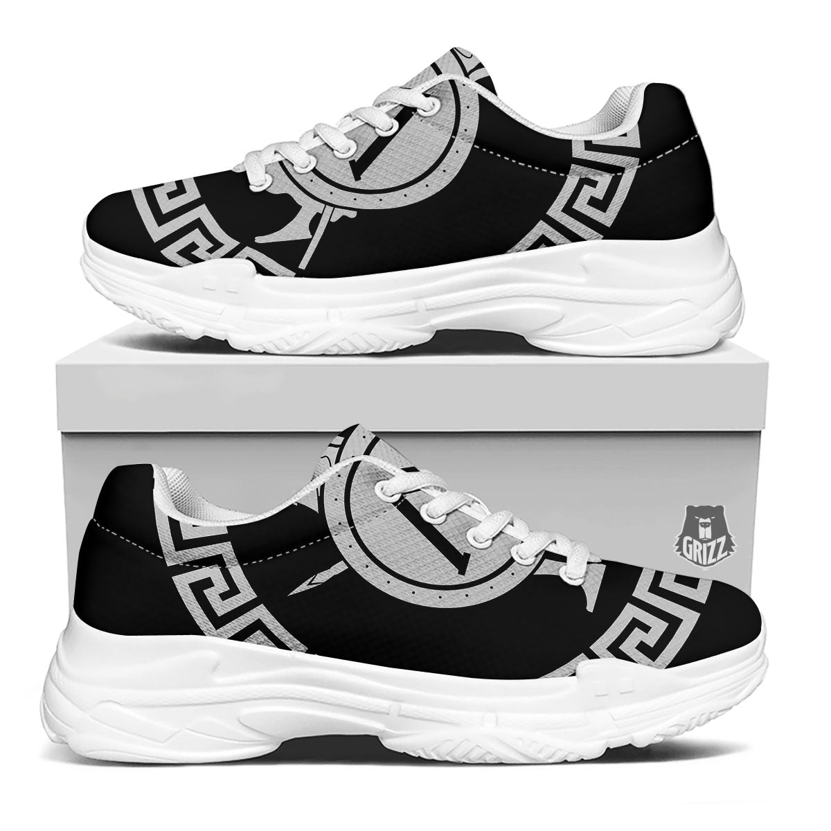 Spartan Warrior White And Black Print White Chunky Shoes-grizzshop