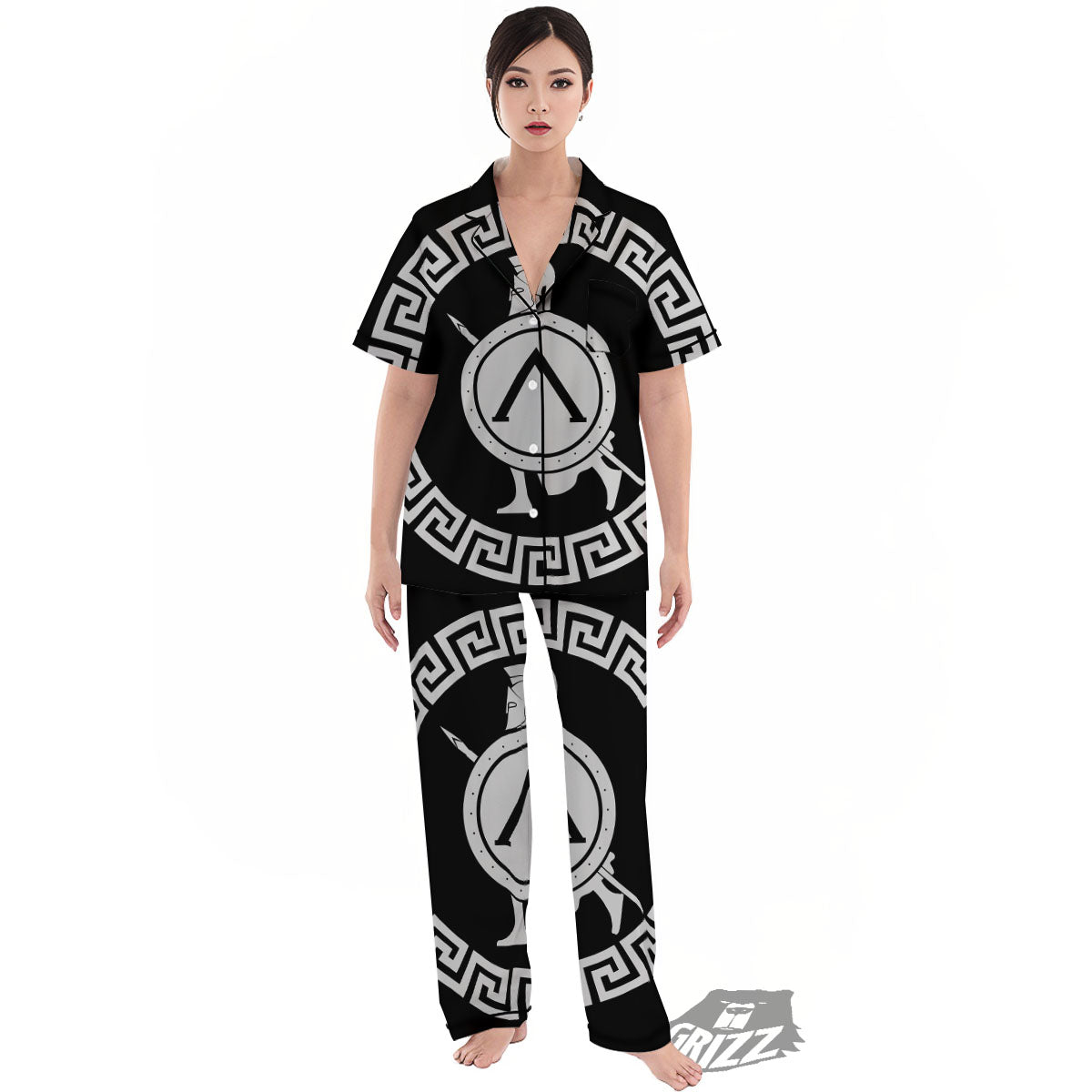 Spartan Warrior White And Black Print Women's Pajamas Set-grizzshop