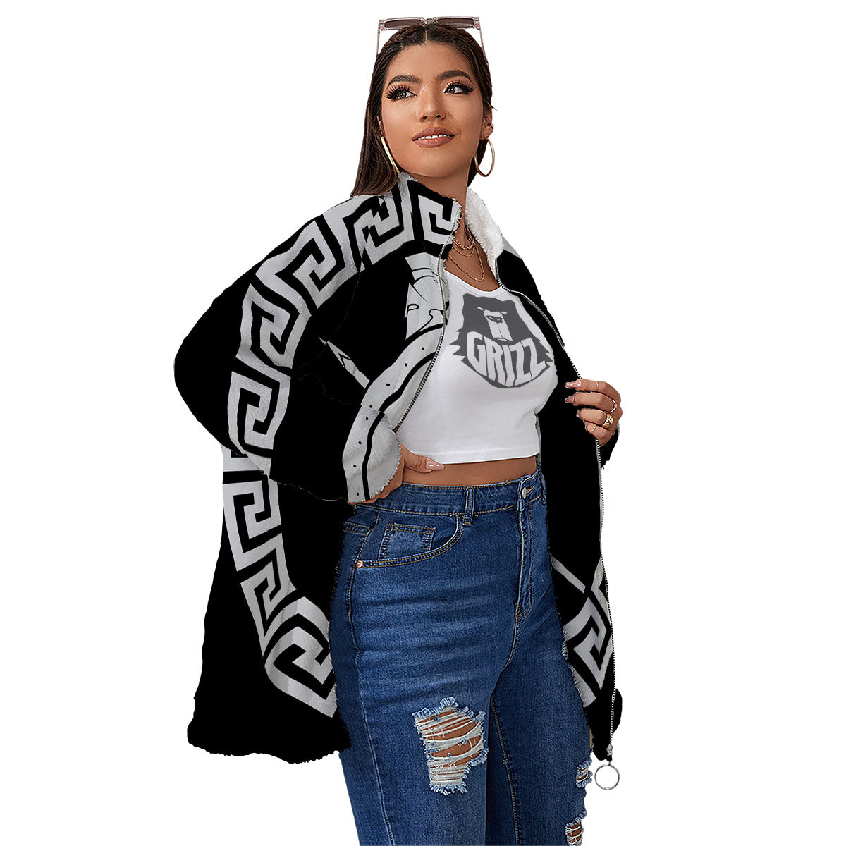 Spartan Warrior White And Black Print Women's Sherpa Jacket-grizzshop