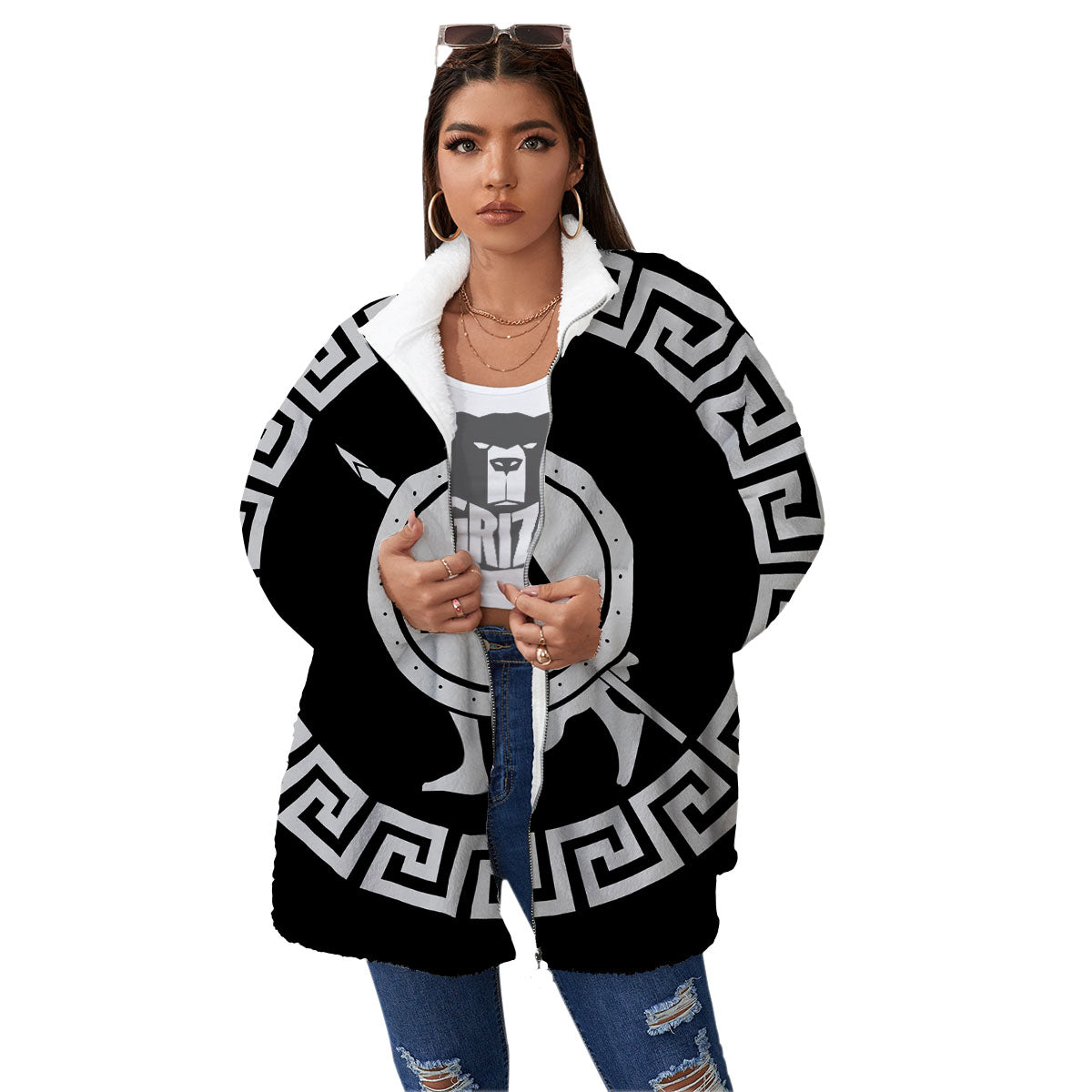 Spartan Warrior White And Black Print Women's Sherpa Jacket-grizzshop