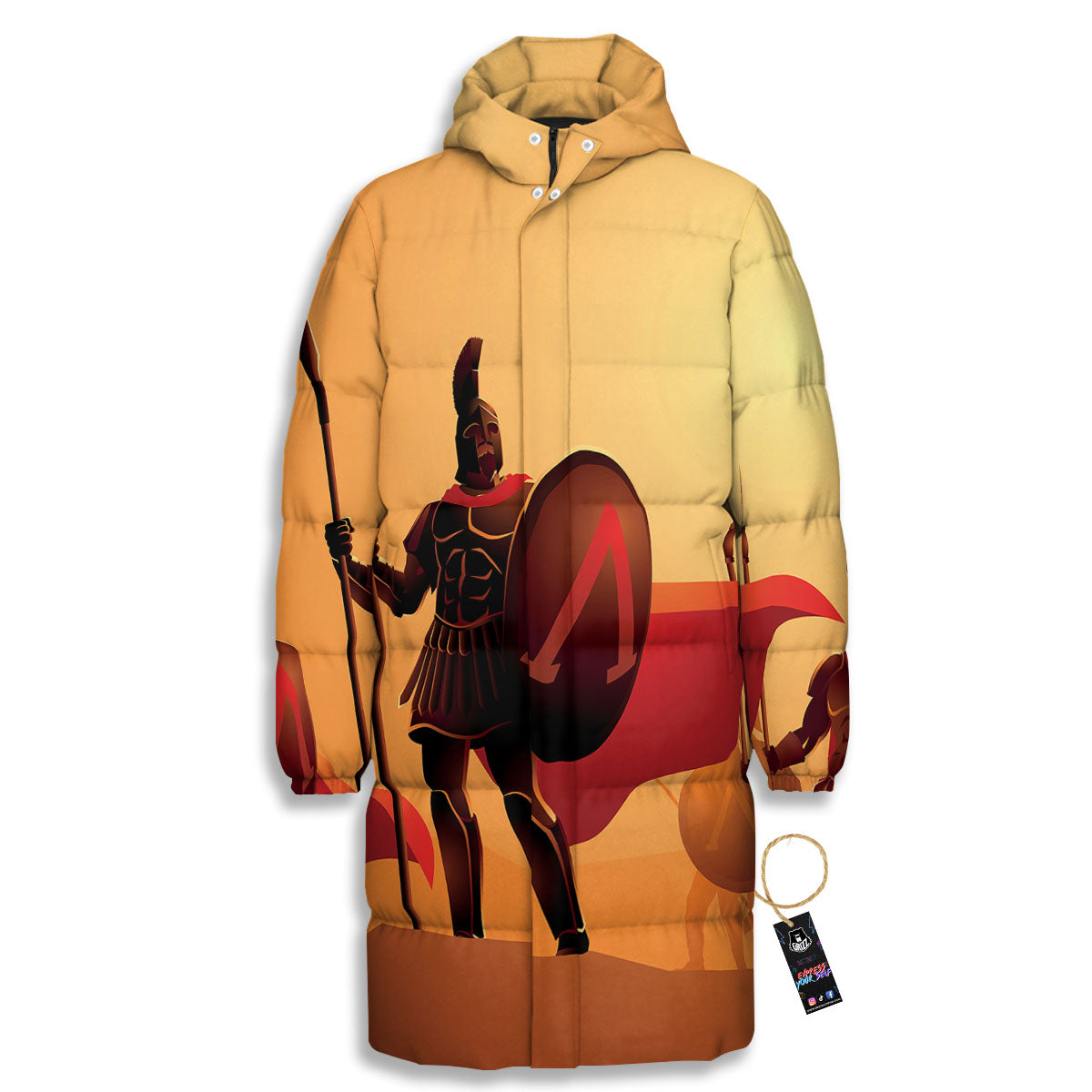 Spartan Ancient Print Long Down Jacket