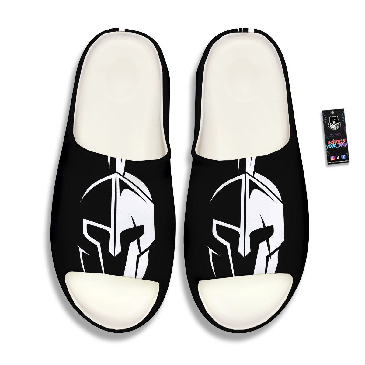 Spartan Helmet White And Black Print Sandals-grizzshop