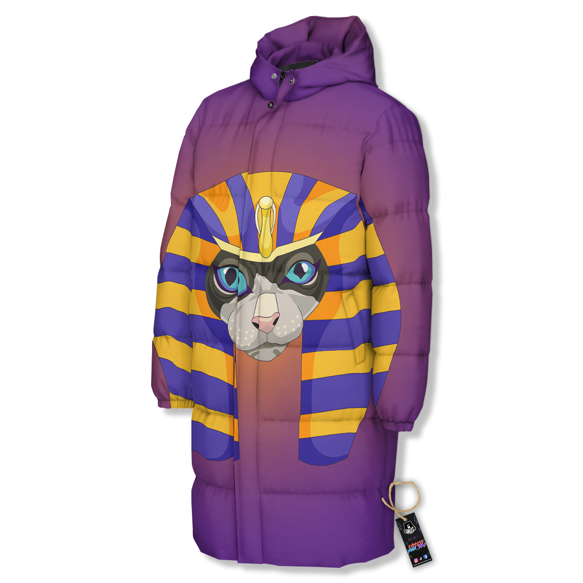 Sphynx Cat Pharaoh Print Long Down Jacket-grizzshop