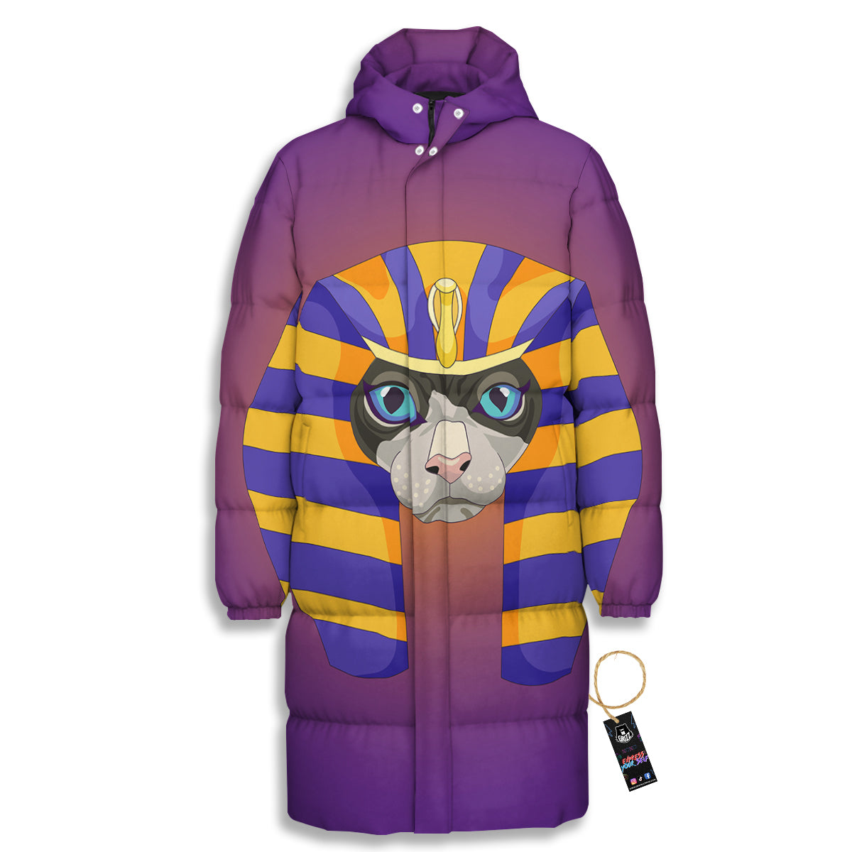 Sphynx Cat Pharaoh Print Long Down Jacket-grizzshop