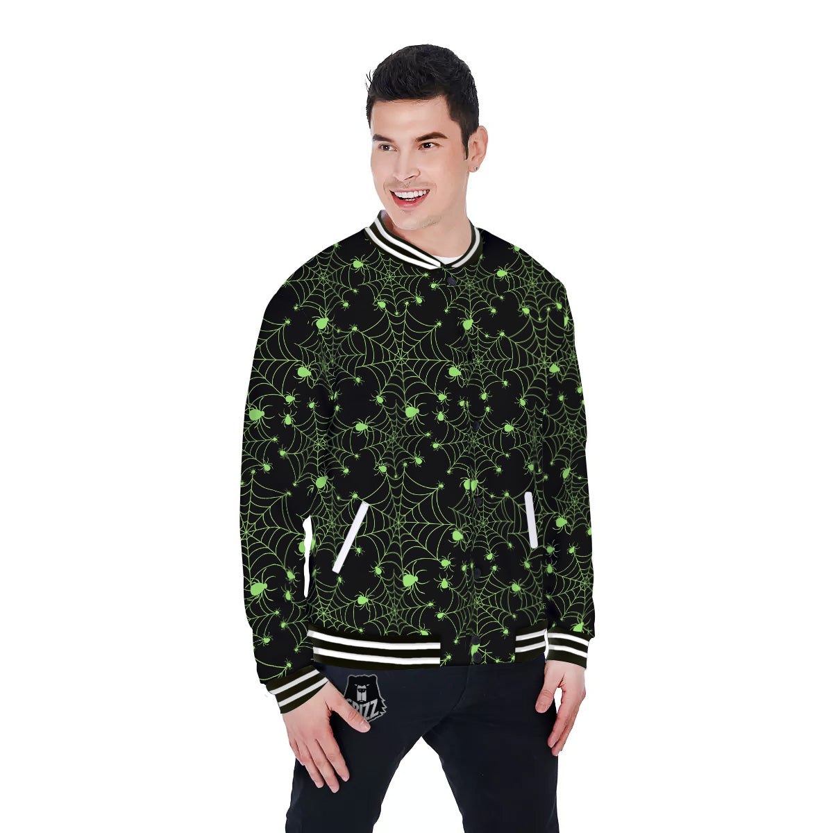 Spider Black And Green Neon Spider Web Print Pattern Baseball Jacket-grizzshop