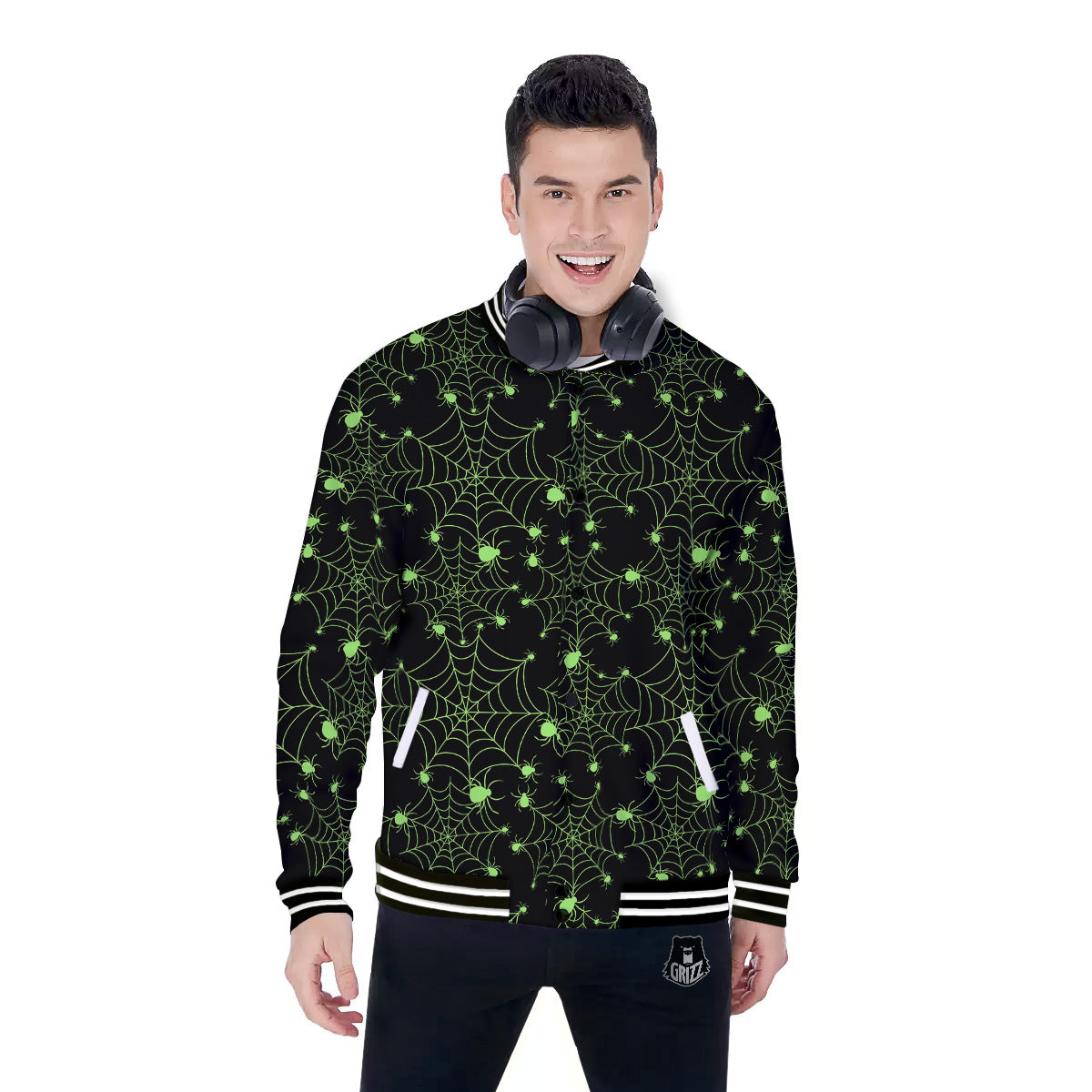 Spider Black And Green Neon Spider Web Print Pattern Baseball Jacket-grizzshop