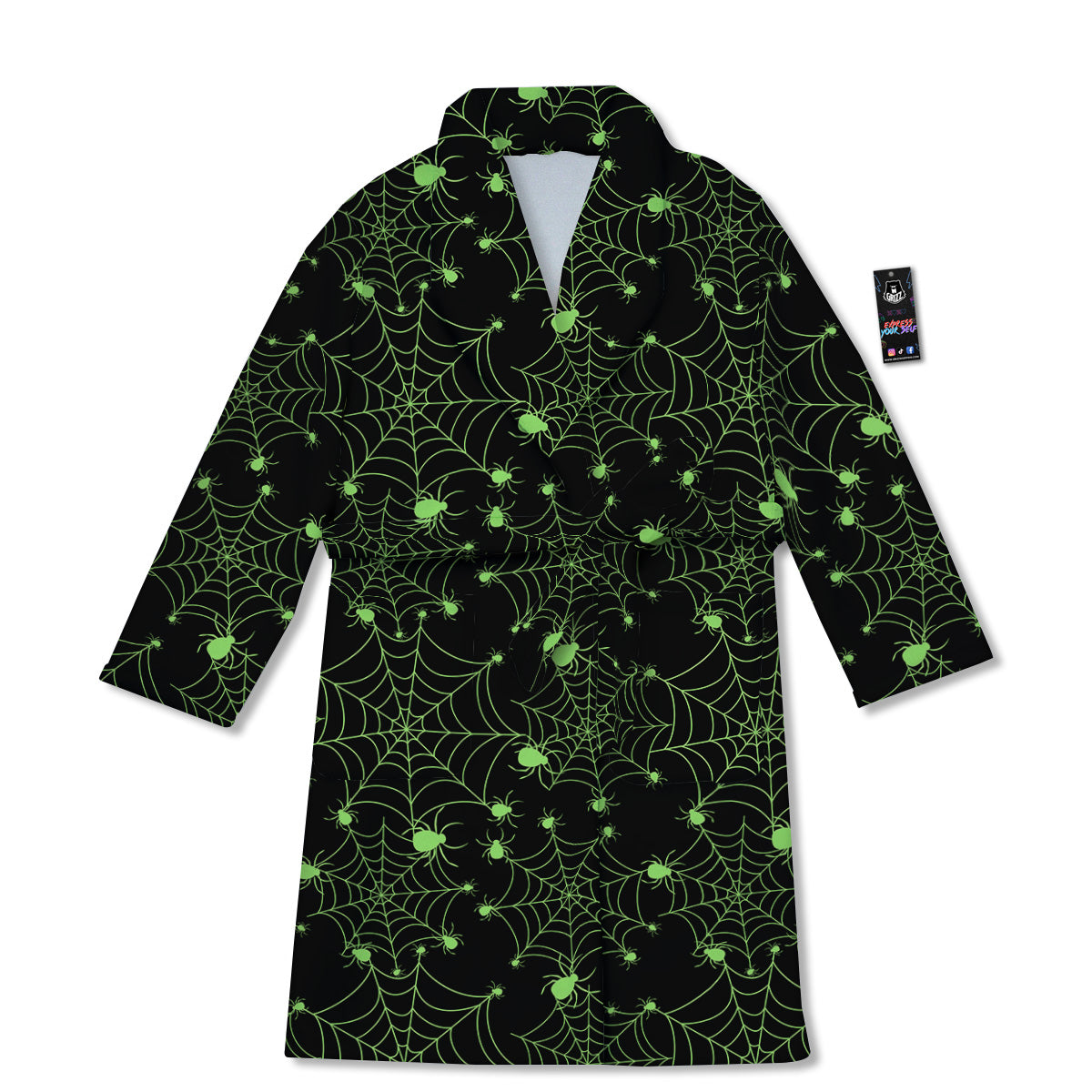 Spider Black And Green Neon Spider Web Print Pattern Bathrobe-grizzshop