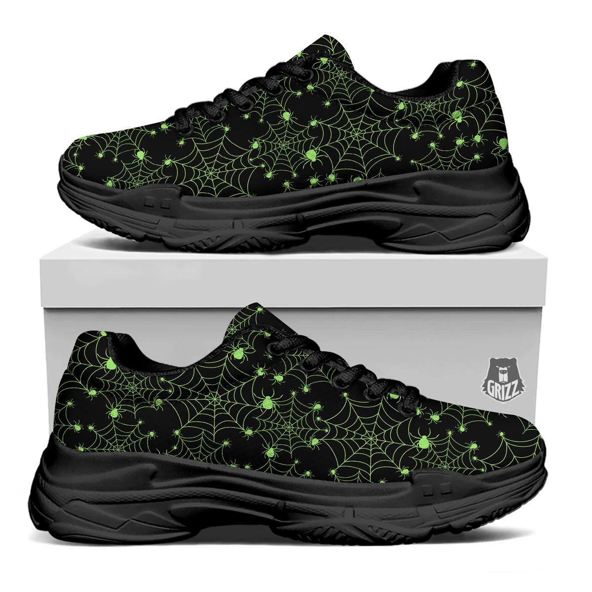 Spider Black And Green Neon Spider Web Print Pattern Black Chunky Shoes-grizzshop