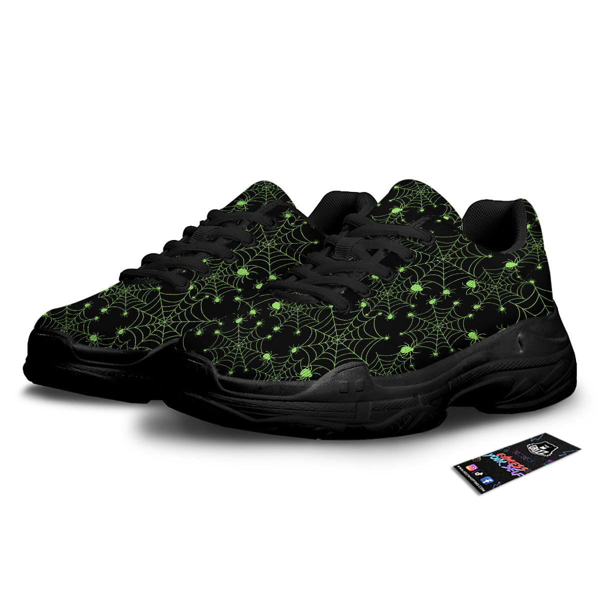 Spider Black And Green Neon Spider Web Print Pattern Black Chunky Shoes-grizzshop