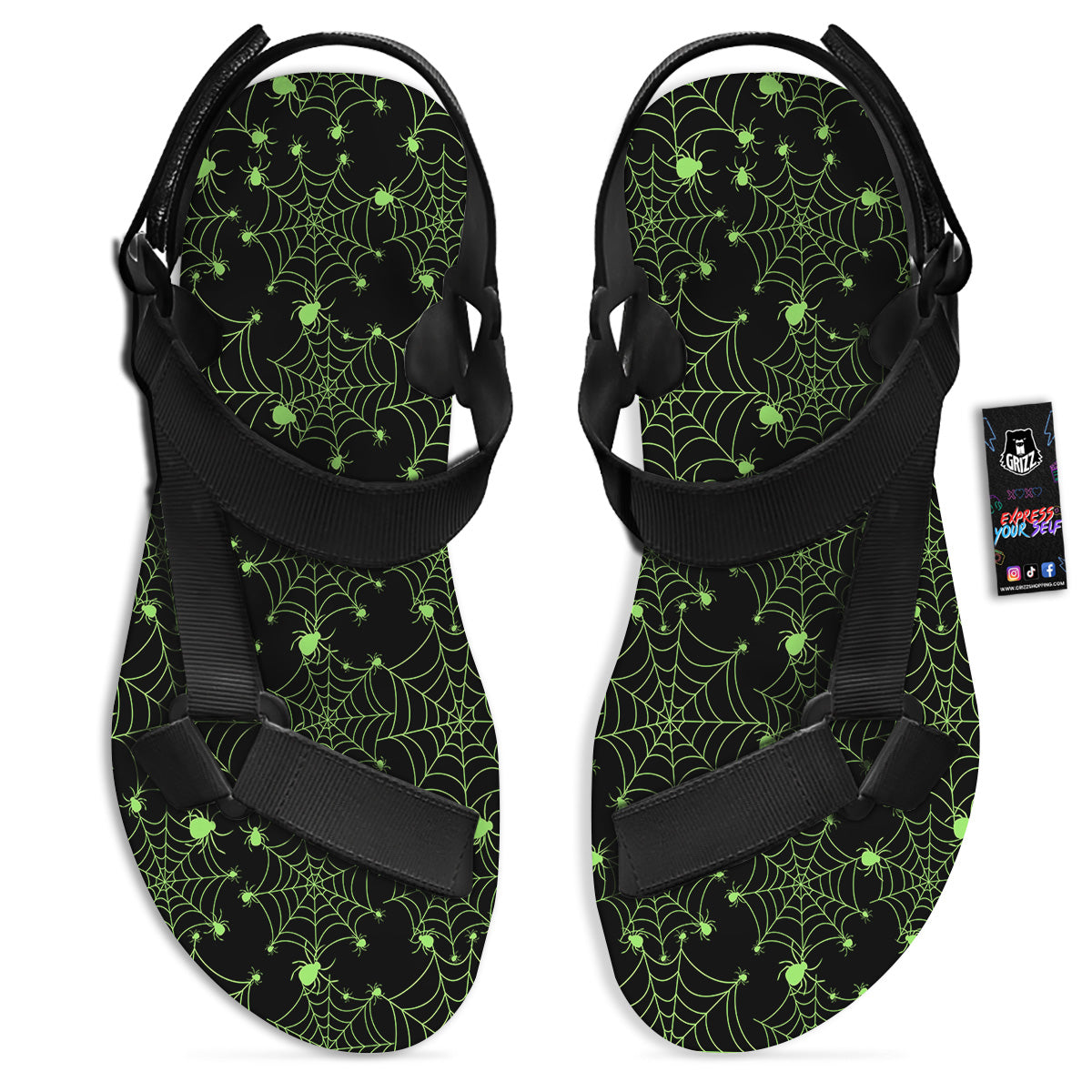 Spider Black And Green Neon Spider Web Print Pattern Black Open Toe Sandals-grizzshop