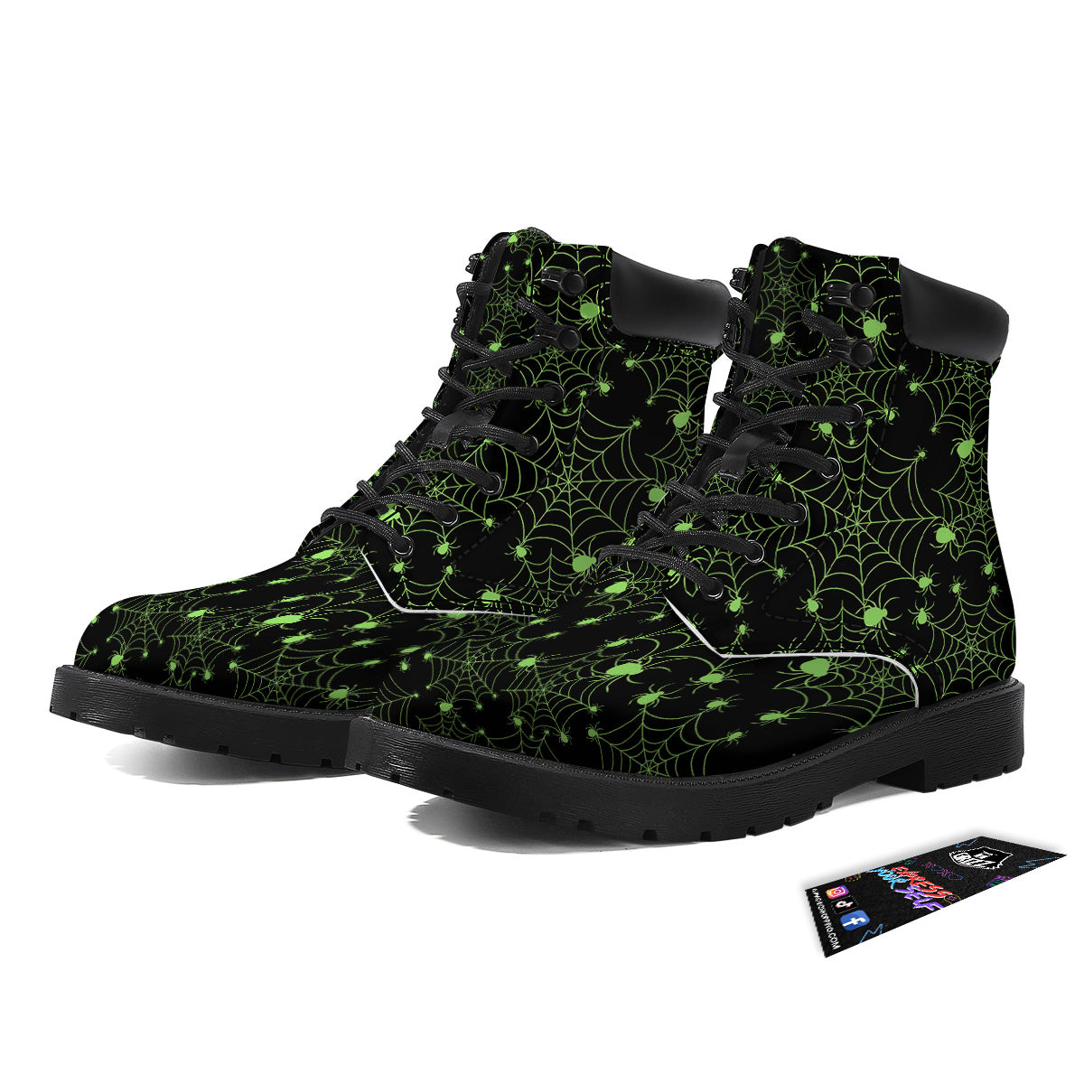 Spider Black And Green Neon Spider Web Print Pattern Boots-grizzshop