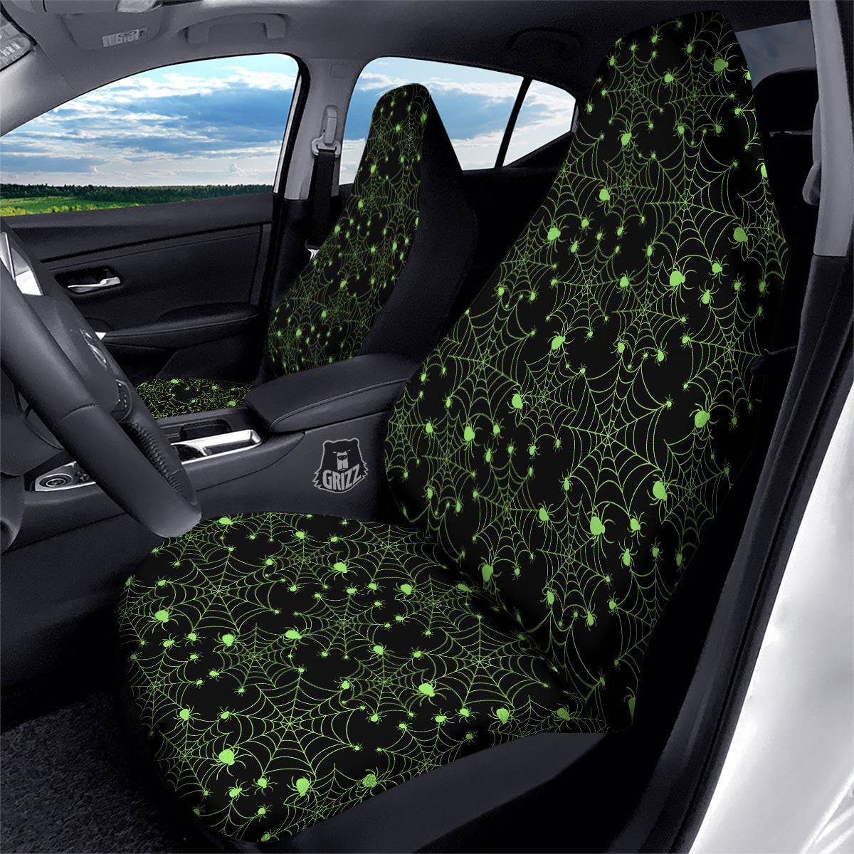 Spider Black And Green Neon Spider Web Print Pattern Car Seat Covers-grizzshop